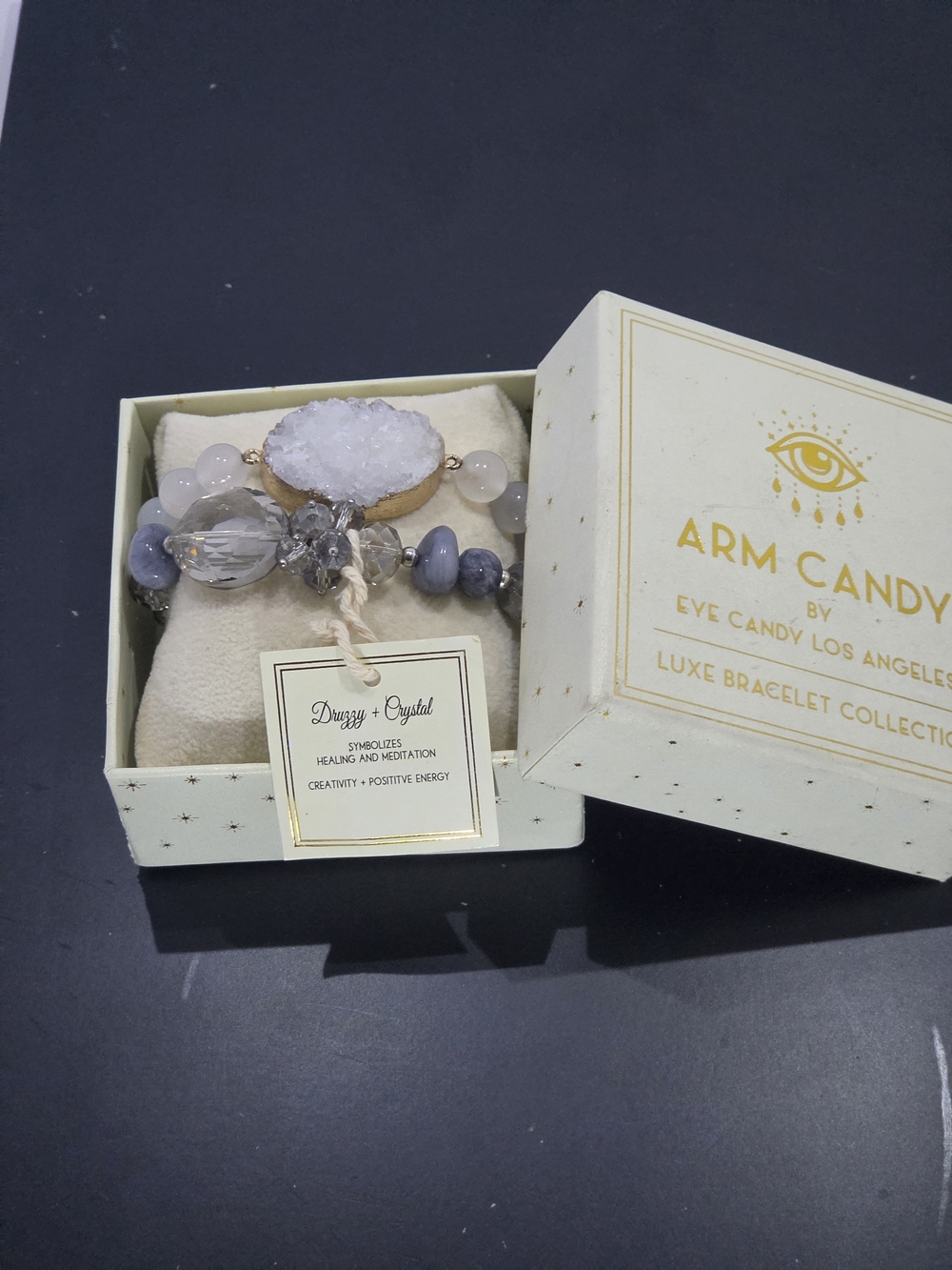 Arm Candy Luxe Drusy Crystal Bracelet in Soft Gray and White